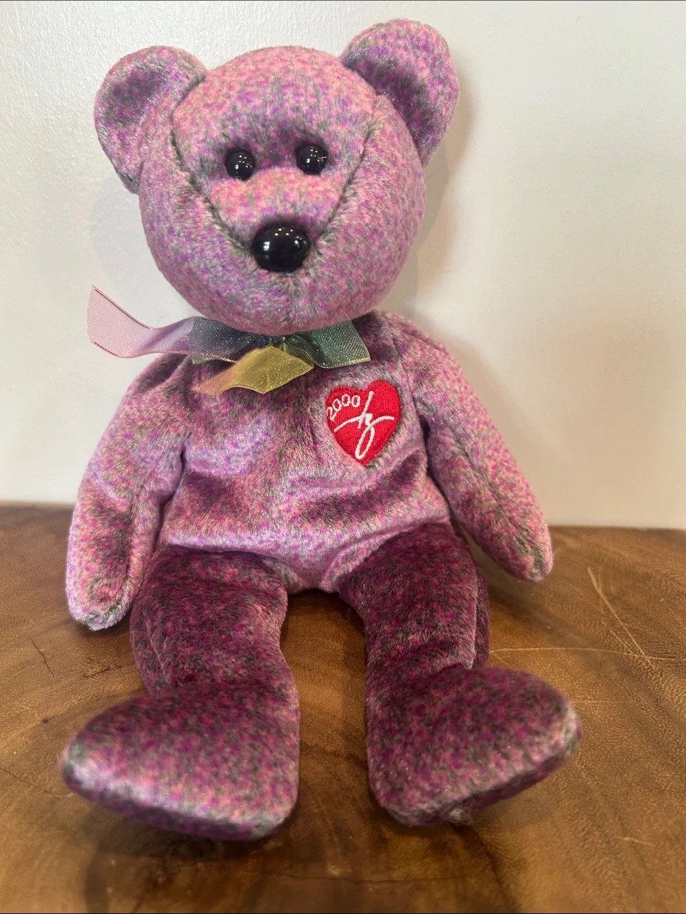 1999 Beanie Baby Style Plush Bear - Pink Purple Tweed Heart
